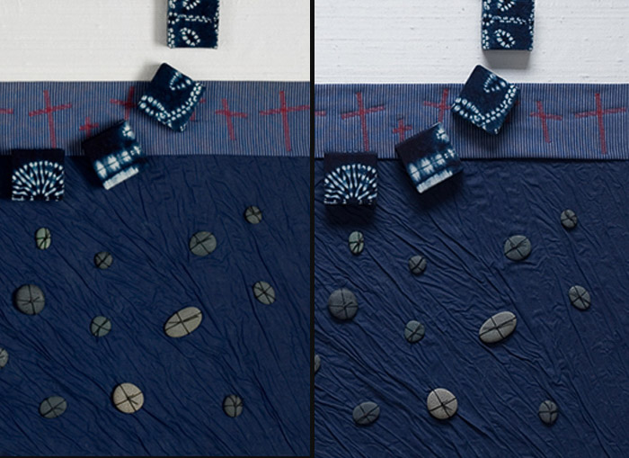 A diptych of blue textile artwork from different perspectives