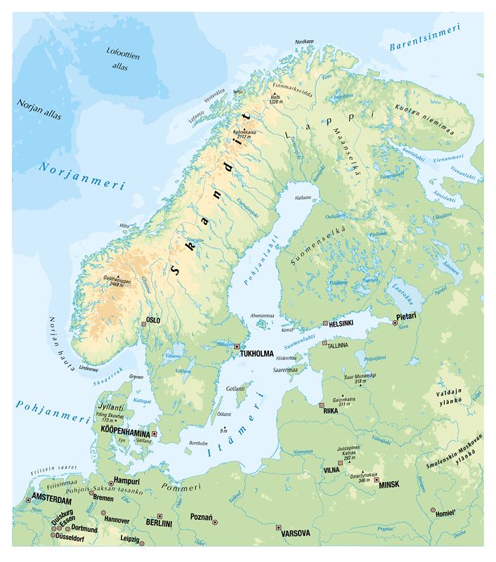 Физическая карта скандинавский полуостров