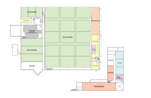 Floor plan for GrowForce’s 11,148-m2 (120,000-sf) facility. The company purchased a 5-ha (13-acre) campus previously used as a meat packing plant, and is in the process of retrofitting the building to be an Access to Cannabis for Medical Purposes Regulations- (ACMPR) licensed cannabis cultivation and distribution facility, capable of growing up to 907 kg (2000 lb) a month (at full capacity). Image courtesy GrowForce Holdings Inc.
